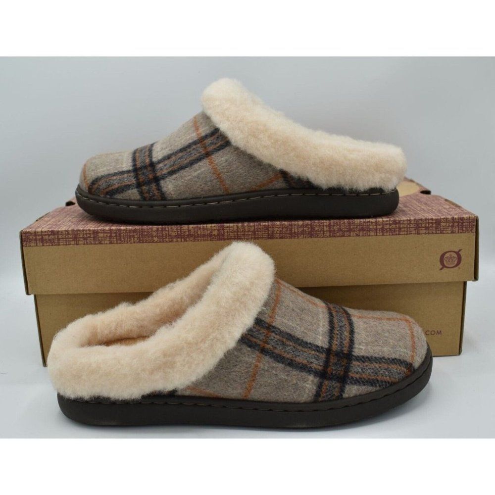 Born Womens Size 11 Ali Genuine Shearling Wool Trim White Plaid Slip On Slippers